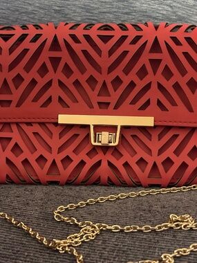 Tosca Coral Colored Laser Cut Clutch with Gold Tone Chain Shoulder Strap